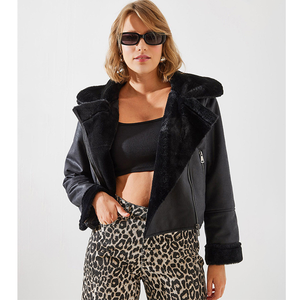 Blouson bomber en similicuir suédé pour femme avec col et poignets fourrés, manteau court d'hiver épais coupe-vent tissé - Product Image 1