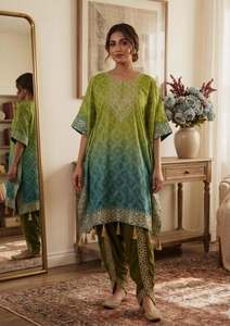Designer Digital <b>Printed</b> And Embroidery Work Chinon Silk Kaftan With Butter Silk Stitched Dhoti Set - Product Image 4