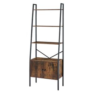 Étagère échelle moderne autoportante avec armoire de rangement, en bois brun et structure robuste en métal noir, présentoir ouvert - Product Image 1