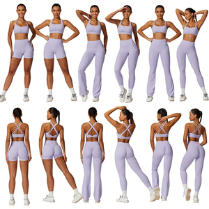 Ensemble de vêtements de yoga pour femmes, tenue de sport active avec soutien-gorge et pantalon côtelé à poches, effet push-up fessier, pour la course et le yoga - Product Image 3