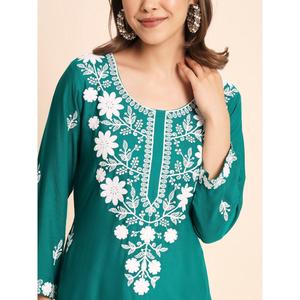 DESIGNER RAYON CHICKENKARI TRAVAIL SEULEMENT KURTI TEAL - Product Image 2