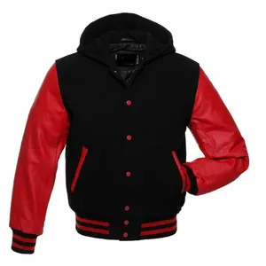 Mens Hoodie Wool Real Leather Arms Quilted Letterman College Varsity Jacket