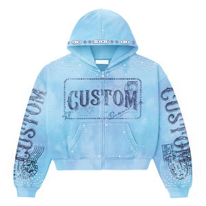 Sudaderas con capucha y cremallera para hombre, de algodón personalizado, con lavado desgastado, gráfico DTG, corte holgado, con pedrería, estilo streetwear - Product Image 2