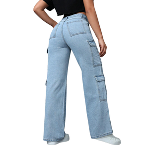 Jean cargo en denim bleu clair pour femme, taille haute, coupe ample, jambe large, multi-poches, style décontracté streetwear, respirant et séchage rapide pour l'automne - Product Image 2