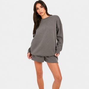 Ensemble sweat-shirt et short pour femme, en molleton peigné 340g, style vintage, anti-rétrécissement, coupe décontractée ample, avec cordon de serrage et poches, séchage rapide, OEM ODM - Product Image 1