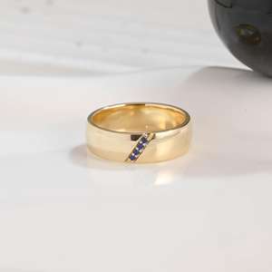 14K Solid Gold Wide Band Round Cut Blue Sapphire Gemstone Ring <b>For</b> Men's Fine Promise Jewelry <b>For</b> <b>Friend</b> - Product Image 1