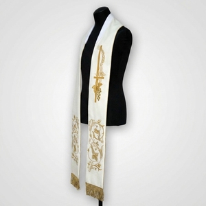 Étole d'église blanche en polyester tissé, étole liturgique pour le clergé, broderie croix dorée, écharpe de mariage liturgique, taille unique unisexe - Product Image 2