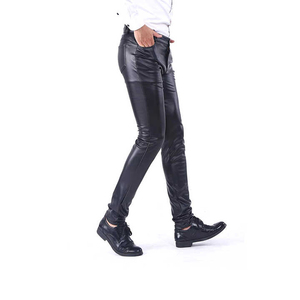 Pantalones de Cuero PU Negros para Hombre, Cintura Alta, Corte Ajustado, Estilo Motero, con Bolsillos Laterales, Cierre de Cremallera, Transpirables, de Spandex y Poliéster - Product Image 1