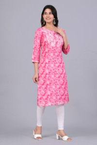 Women Pink Printed Straight <b>Kurti</b> Ethnic Casual Wear <b>Kurti</b>, Embroidery Work <b>Kurti</b> , Trendy <b>Kurti</b> , New Kurta - Product Image 3