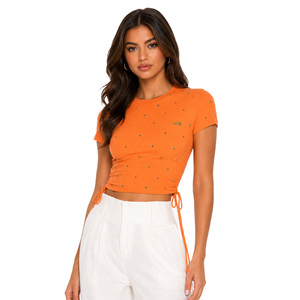 Drawstring Waist women's shirt <b>Rhinestone</b> Embellished Half Sleeve Casual Blouse Cotton Knitted <b>Crop</b> <b>Top</b> Custom logo Summer Style - Product Image 1