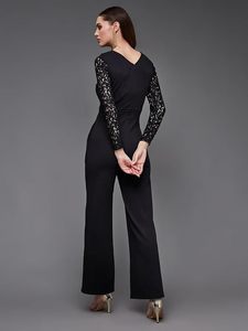 Combinaison élégante noire à manches longues en dentelle pour femme, col en V, taille haute, longueur complète, tenue de soirée cocktail - Product Image 3