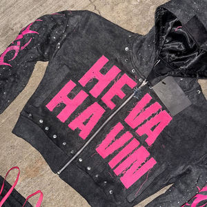 <b>Black</b> Pink Rhinestone <b>Zip</b> <b>Up</b> <b>Hoodie</b> and Drawstring Sweatpants Tracksuit Set Letter Flame Graphic distressed embroidery - Product Image 3