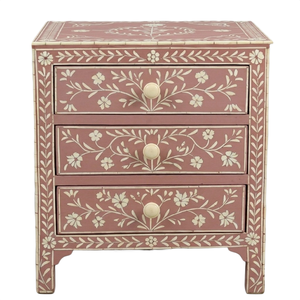 Mesita de Noche Moderna de 3 Cajones con Incrustaciones de Hueso Ecológicas Hechas a Mano, Patrón Floral, Mueble de Dormitorio con Tapa de Madera Addy Mehar - Product Image 4