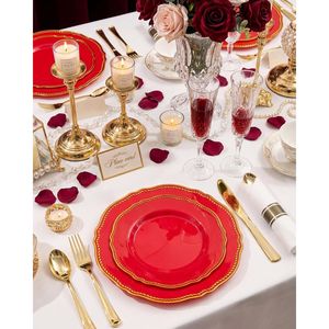 350pcs Red Gold Plastic <b>Dinnerware</b> Set Includes 50 Dinner Plates 50 Dessert Plates 50 Cups with Pre-Ready Liners - Product Image 4