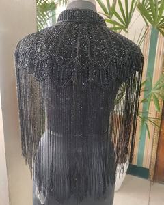 Royal <b>Black</b> Classic ELEGANT Autumn/Winter Hand-Beaded Hand-Embroidered Cape with Tassel Decoration High Quality Beads Plus Size - Product Image 3