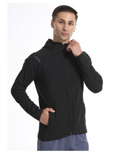 Veste polaire à capuche pour homme, couleur unie, fermeture éclair, coupe classique, style sportif, noir, vêtements d'automne - Product Image 1