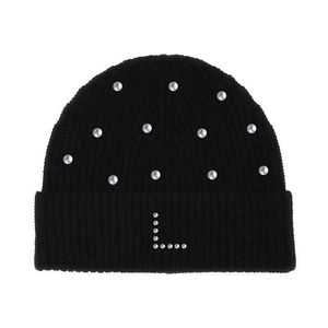 Bonnet en tricot côtelé de luxe avec strass et perles, lettre L, chaud pour l'hiver, pour femme, style créateur, avec revers, vente en gros - Product Image 1