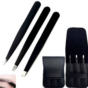 Ensemble de pinces à cils de précision en acier inoxydable à pointe lisse, 4 pièces, emballage en cuir noir - Product Image 3