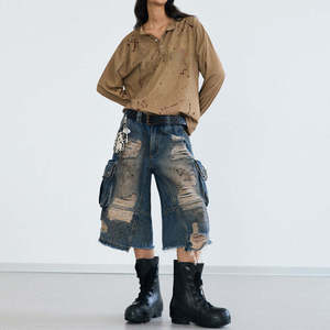 Custom Oversized Distressed Cargo Denim Jorts Men Vintage Washed Wide Leg Baggy Jean Shorts Streetwear Hip Hop Cargo Shorts - Product Image 5