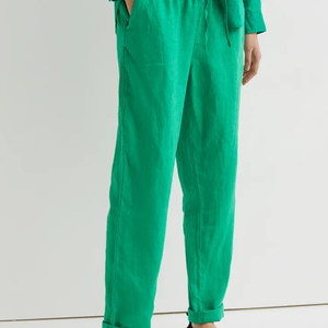 Pantalon en coton et lin pour femme, taille large, couleur unie, taille élastique, coupe décontractée, printemps et été - Product Image 2