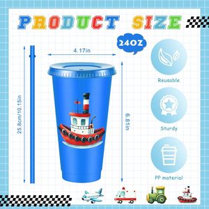 Juego de 12 Vasos de Viaje Reutilizables de Plástico de 24 oz con Temática de Transporte, Tapa y Pajita, Decoraciones para Fiestas de Cumpleaños - Product Image 3