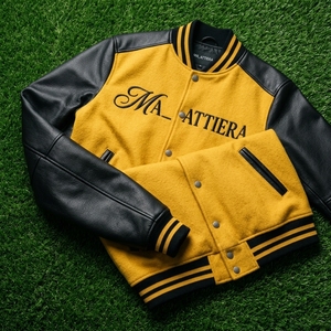 <b>Men</b> <b>Yellow</b> Black Letterman <b>Jacket</b> Leather Sleeves Wool Body Bomber <b>Jacket</b> Custom Embroidered Streetwear - Product Image 4