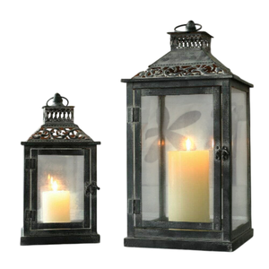 Set Of 2 <b>Large</b> Antique Decorative Metal Hanging Candle <b>Lanterns</b> With Glass For Indoor <b>Outdoor</b> Home Decor Events And Weddings - Product Image 1