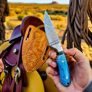 Couteau de chasse artisanal en acier Damas avec manche en pierre turquoise, lame pleine longueur, couteau à dépecer, couteau utilitaire pour le camping et les activités de plein air - Product Image 2