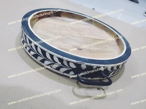 Plateau de service décoratif en bois fait main avec incrustation d'os, plat rond décoratif, décoration de table de ferme - Product Image 5