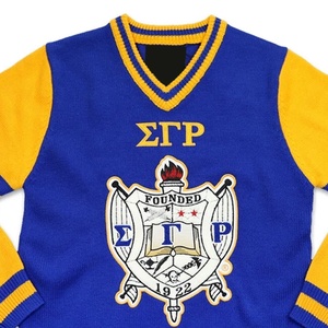 Cárdigan Azul de Punto para Mujer Sigma Gamma Rho, Cuello en V, Manga Larga con Ribete Amarillo, Escudo Bordado, Estilo Preppy - Product Image 3