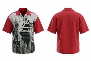 เสื้อเชิ้ตเดรสพิมพ์ลายสีแดงแขนสั้นติดกระดุมสำหรับผู้ชาย สไตล์วินเทจ ลายกราฟิก ลำลอง ใส่ได้ในฤดูร้อน สไตล์ฮาวาย เสื้อเชิ้ตเดรสแนวสตรีท - Product Image 2