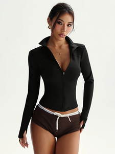 Black White Piping Breathable Women Yoga <b>Jacket</b> Slim Fit Long Sleeve Mock Neck Full Zip Front Logo Athletic <b>Workout</b> Gym Wear Top - Product Image 2