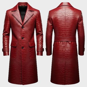 เสื้อโค้ทหนังลายจระเข้สีแดงสำหรับผู้ชาย แจ็คเก็ตยาวทำมือ - Product Image 2
