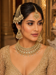 Conjunto de collar choker Kundan Shadow indio para novias, chapado en oro, conjunto de joyería tradicional para boda con aretes a juego. - Product Image 1