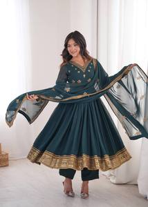 Ensemble Anarkali vert sarcelle en faux georgette épaisse pour femme, imprimé feuille d'or brodé, séchage rapide, longueur ras du sol, style indien pakistanais - Product Image 6