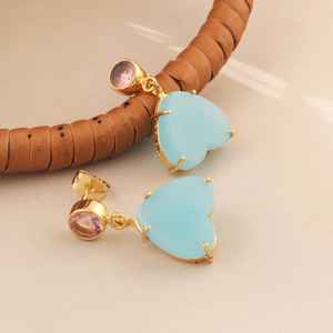Pendientes de Calcedonia Azul Cielo en Forma de Corazón, Plata de Ley 925, Chapados en Oro de 14K, Joyería Delicada con Piedras Preciosas - Product Image 1