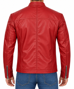 <b>Men's</b> <b>Red</b> PU <b>Leather</b> Moto <b>Jacket</b> Slim Fit Stand Collar Zipper Closure Biker Style Autumn Wear - Product Image 2