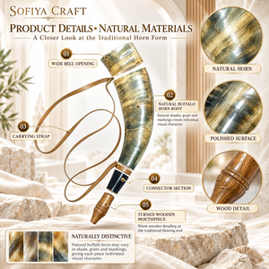 SOFIYA CRAFT - Cuerno de Búfalo Natural Ecológico, Cuerno para Soplar Hecho a Mano, Pulido y Tallado, con Correa de Cuero, Arte Rústico Animal - Product Image 4