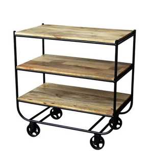 Chariot de service industriel à 3 niveaux en bois et fer, robuste, pour cuisine, chariot de rangement roulant, chariot utilitaire mobile avec roues - Product Image 1