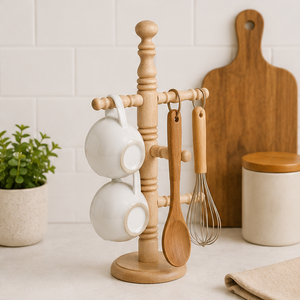 High-Quality Eco-Friendly Wooden Mug <b>Tree</b> <b>Stand</b> With 6 Hooks Rustic Farmhouse Coffee Cup Holder For Kitchen Countertop Storage - Product Image 4