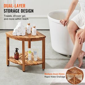 Banc de douche d'angle 100 % bois de teck avec hauteur de 18,5 po, rayon de 15,5 po, étagère de rangement 500 LBS, tabouret de douche style plage pour salle de bain - Product Image 5