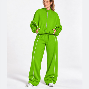 <b>Women's</b> Contrastline Full Zip Tracksuit Two Piece Casual Outfit Relaxed <b>Jacket</b> And Wide Leg Pants Matching Apparel Set Style - Product Image 1