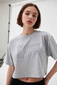 T-shirt court gris pour femme, col rond, manches courtes, coupe ample, logo brodé, décontracté, printemps-été, 100 % coton jersey - Product Image 5