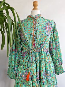 Midi verde Floral seda algodón mezcla vestido elegante y cómodo estilo bohemio para boda de verano té alto o ropa de día - Product Image 5