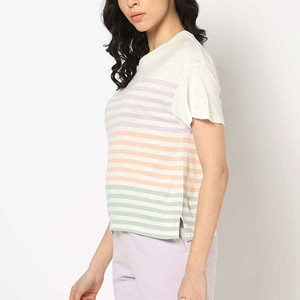 เสื้อยืดแขนสั้นคอกลมลายทางสำหรับผู้หญิง ทรงหลวม สวมใส่สบาย ผ้าถัก 100% คอตตอน ระบายอากาศได้ดี เหมาะสำหรับฤดูใบไม้ผลิและฤดูร้อน - Product Image 5