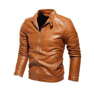 Veste en cuir véritable rouge pour homme, col montant, fermeture éclair, coupe ajustée, manches fines, couleur unie, écologique, hiver - Product Image 6