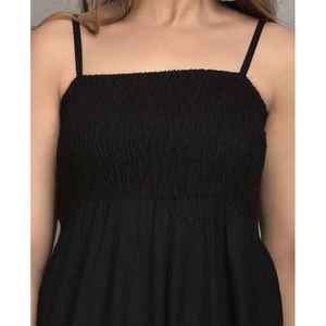 Robe de soirée maxi empire sans manches smockée noire unie moderne, silhouette A-line, 100% coton, séchage rapide, AARTI FASHION - Product Image 3