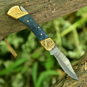 Navaja de bolsillo plegable hecha a mano de acero de Damasco Cooper, mango de madera negra, empeines de latón, grado industrial, 3 años de garantía, para camping - Product Image 1