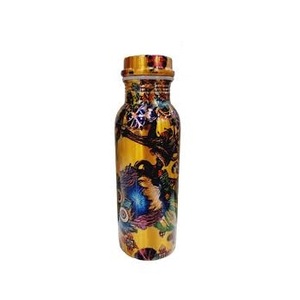 Botella de Agua de Cobre Esmaltado Hecha a Mano con Diseño Floral Dorado, Estilo Oriental, Portátil, para Viajes, con Tapa - Product Image 1