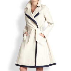 Trex Export Cream Wool Blend Trench Coat With Navy Trim Belted Long Sleeve <b>Smart</b> <b>Casual</b> Autumn Wear - Product Image 6
